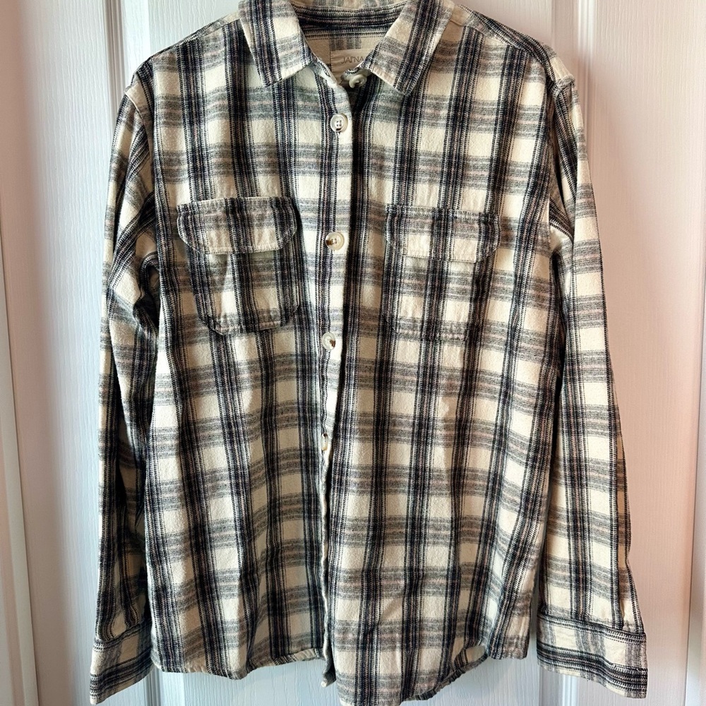 Japna Men’s Flannel Shirt M Cream Black Pink Plaid Button Down